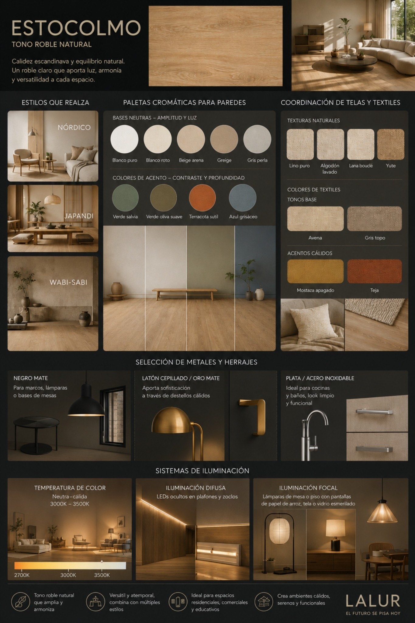 Conoce materiales, texturas, paletas cromáticas y sistemas de iluminación compatibles con el LVT autoadherente XL Estocolmo
