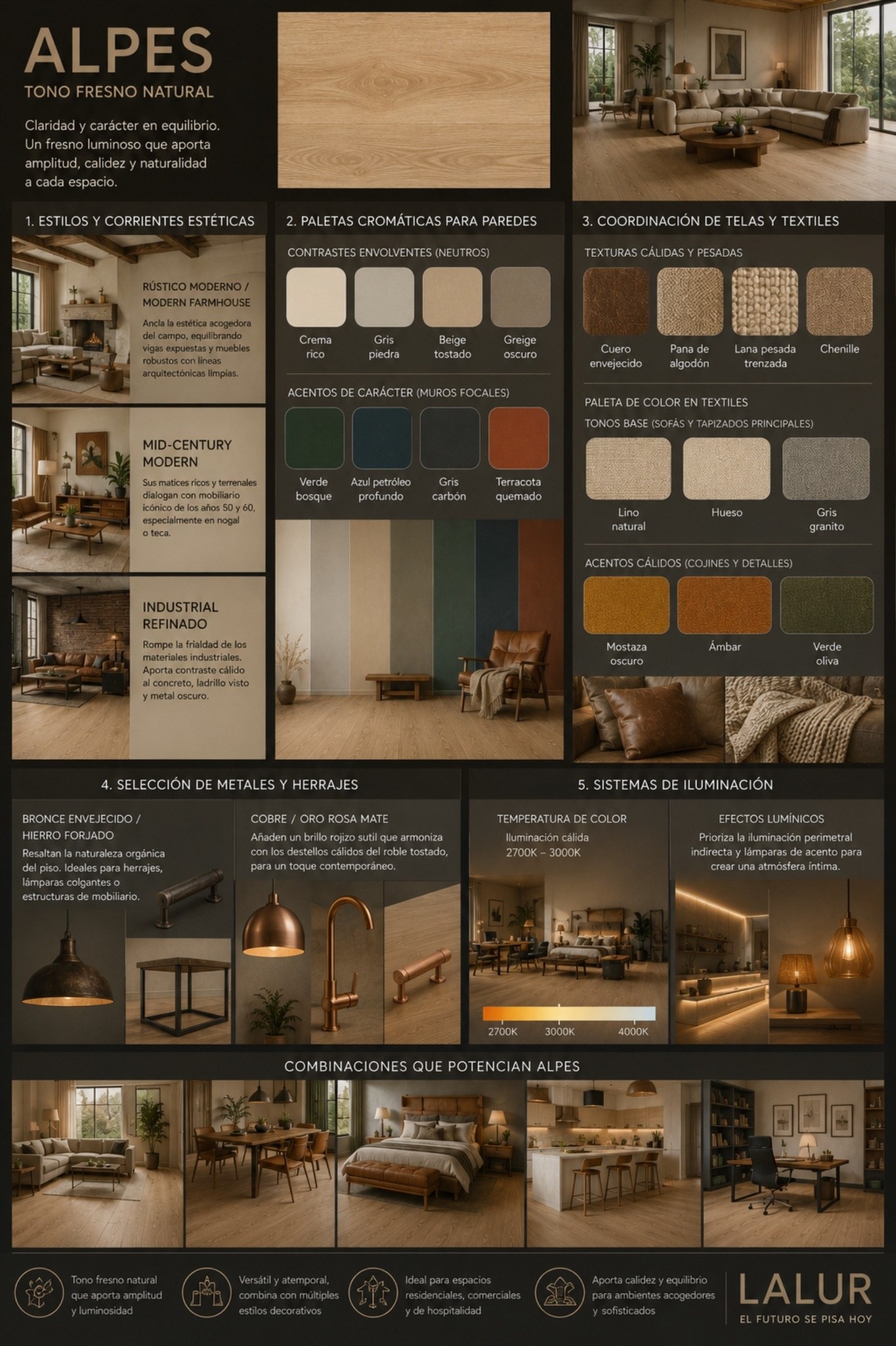Conoce materiales, texturas, paletas cromáticas y sistemas de iluminación compatibles con el LVT autoadherente XL Alpes