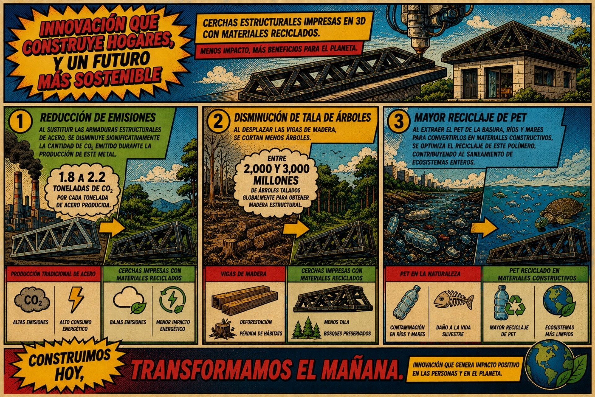 La reutilización del PET en piezas estructurales capaces de sustituir a las de acero y madera traerá consigo importantes beneficios para el medio ambiente