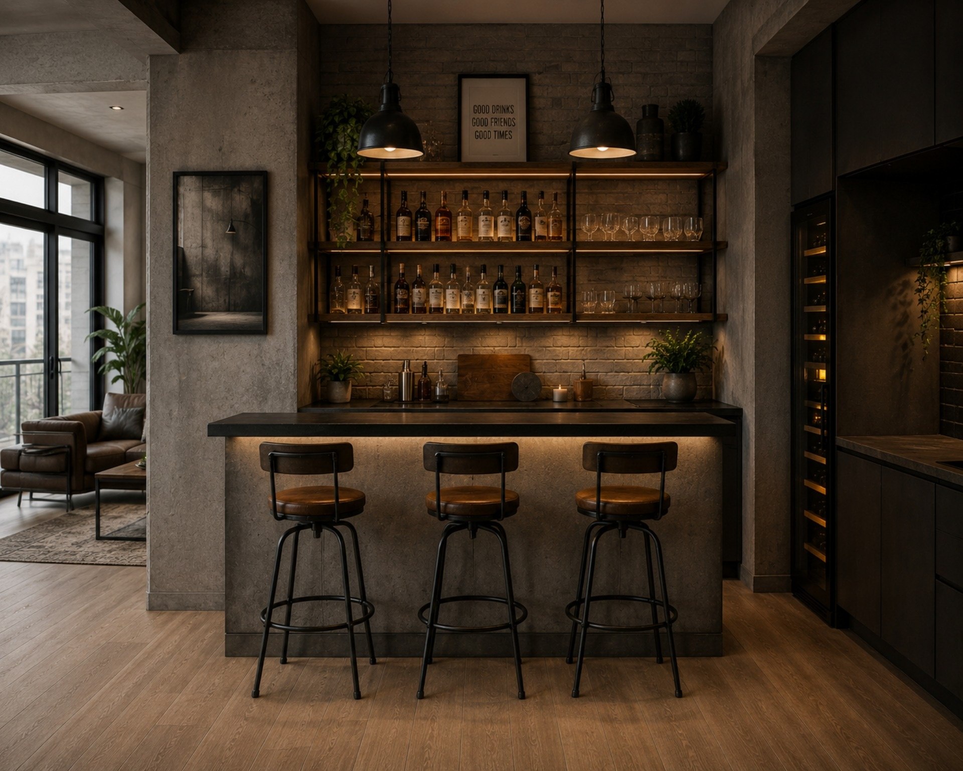 Los tonos miel y arena del piso vinílico autoadhesivo XL Estocolmo crean un ambiente bohemio perfecto para los bares caseros
