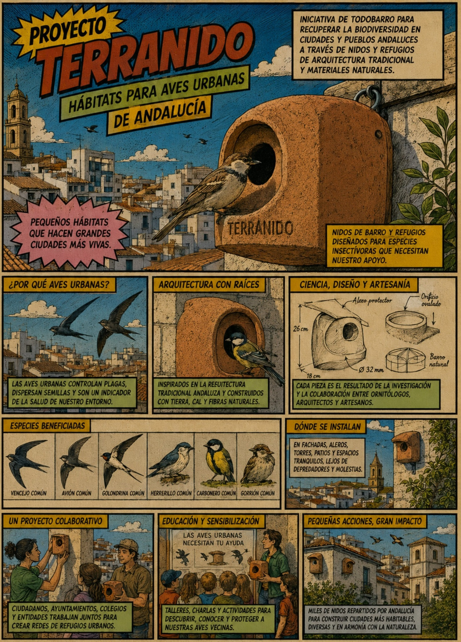 El proyecto TERRANIDO promete restablecer la biodiversidad en la zona andaluza con refugios de barro y materiales biocerámicos aptos para el ciclo de vida de cada animal