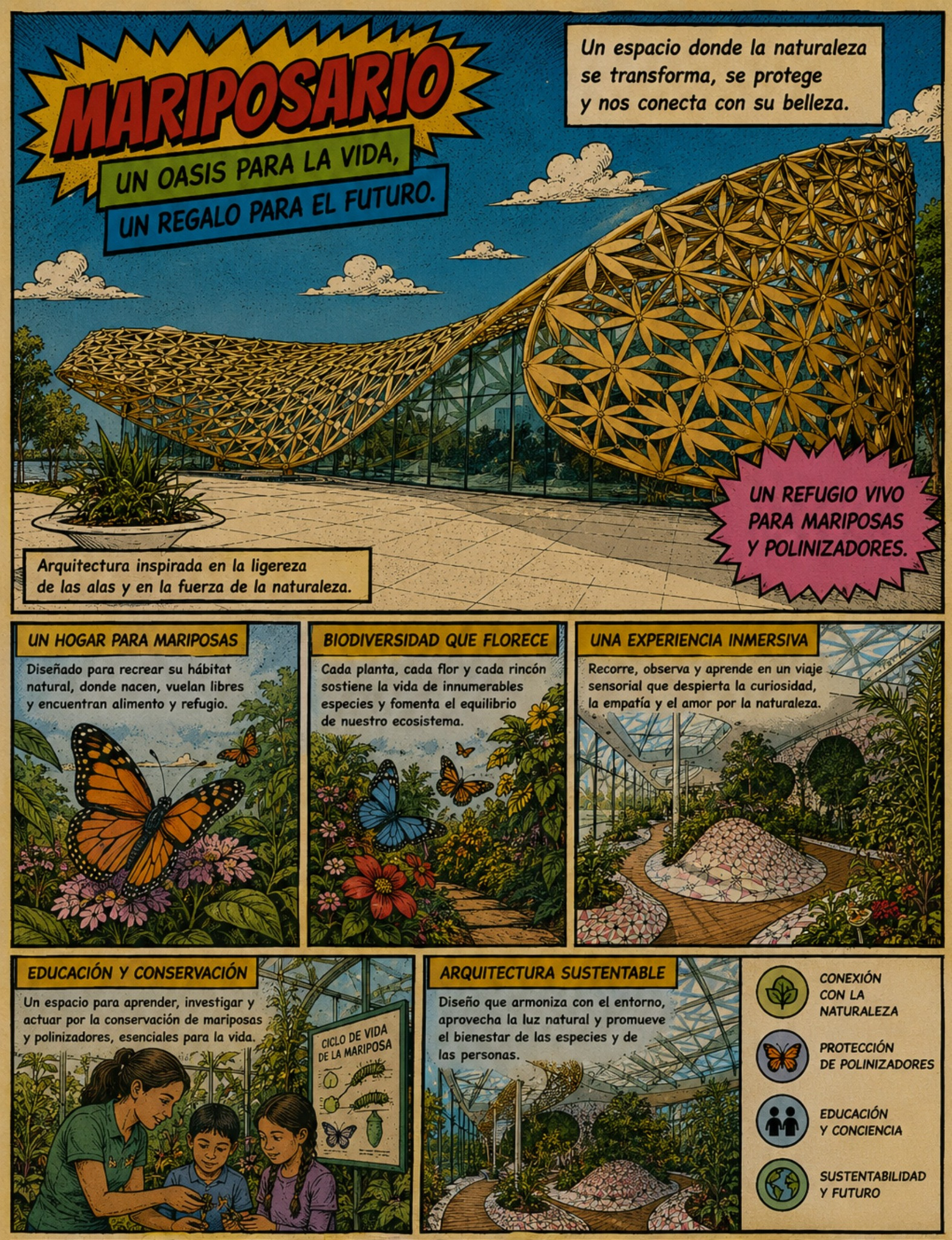 Las formas orgánicas del Butterfly Pavilion no solo deleitan a los visitantes, también procuran arquitectónicamente las sombras y luces necesarias para el ciclo de vida de las mariposas