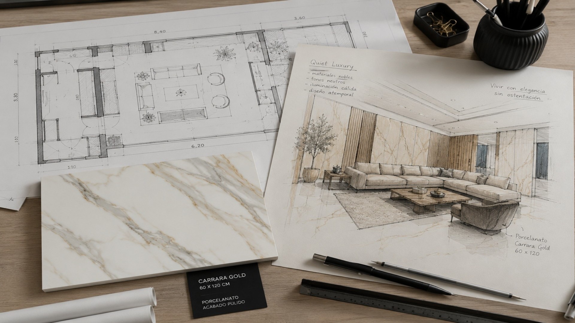 Descubre con qué estilo, materiales y paletas cromáticas combina el porcelanato 60x120 brillante Carrara Gold