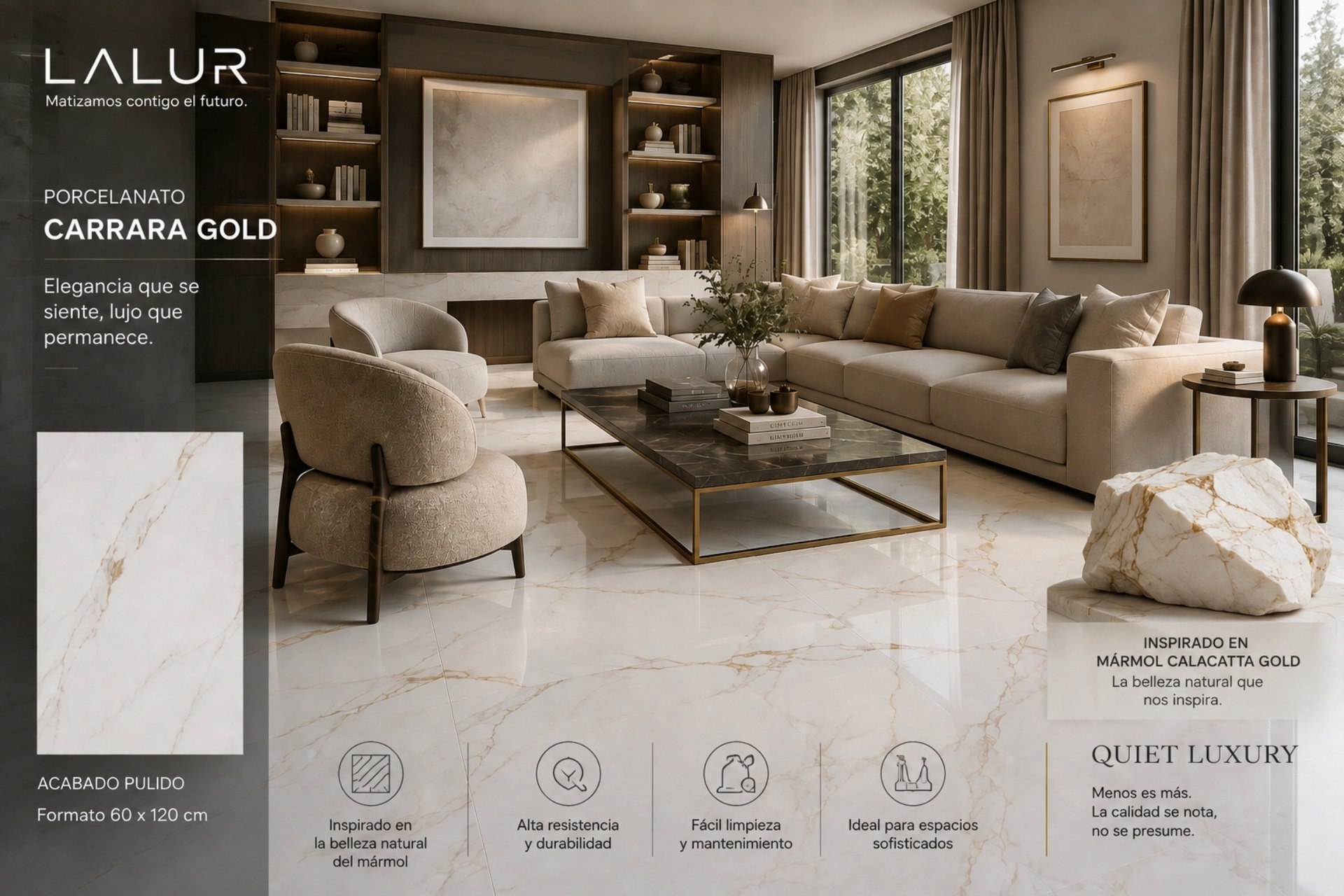 Porcelanato Carrara Gold Pulido 60x120 para proyectos de interiorismo