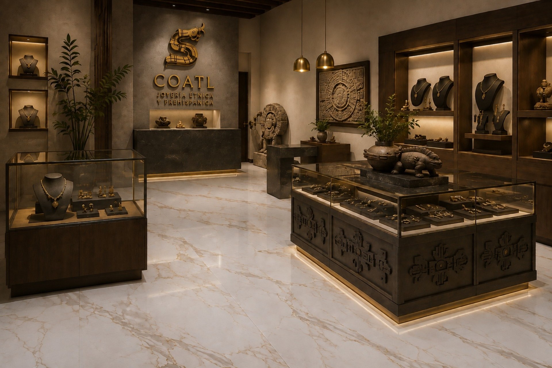El porcelanato pulido Carrara Gold realza la belleza de las piezas en una joyería