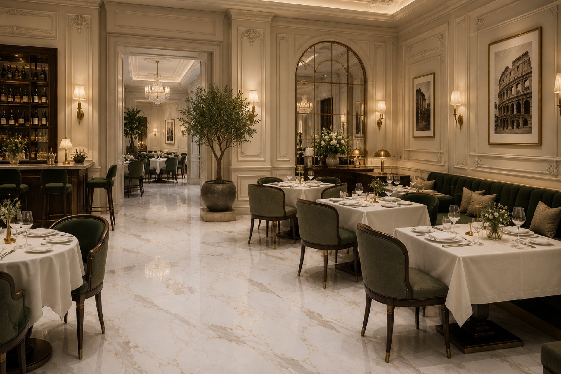 La calidez del porcelanato pulido Carrara Gold crea un ambiente propicio para una comida elegante