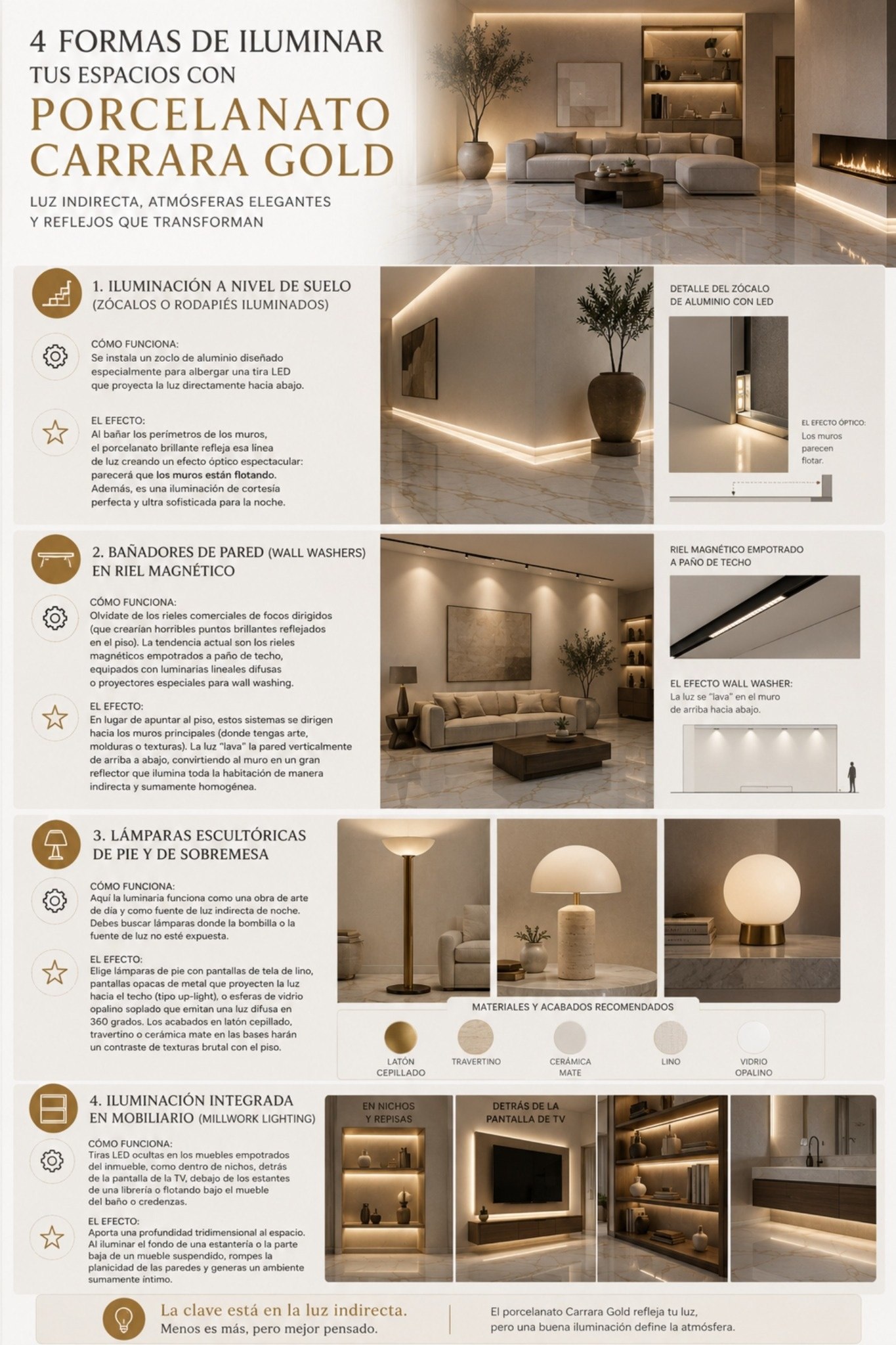 Conoce 4 brillantes formas de iluminar el porcelanato pulido gran formato Carrara Gold