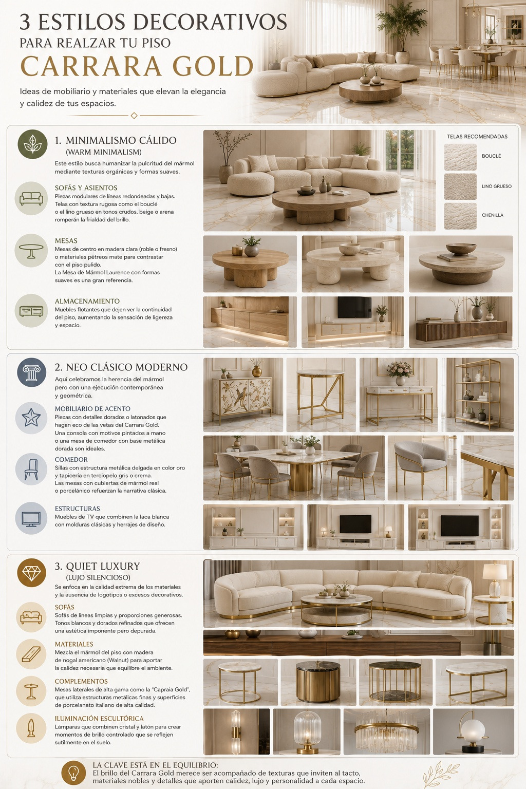 La elección del mobiliario adecuado acentúa la belleza del porcelanato pulido gran formato Carrara Gold