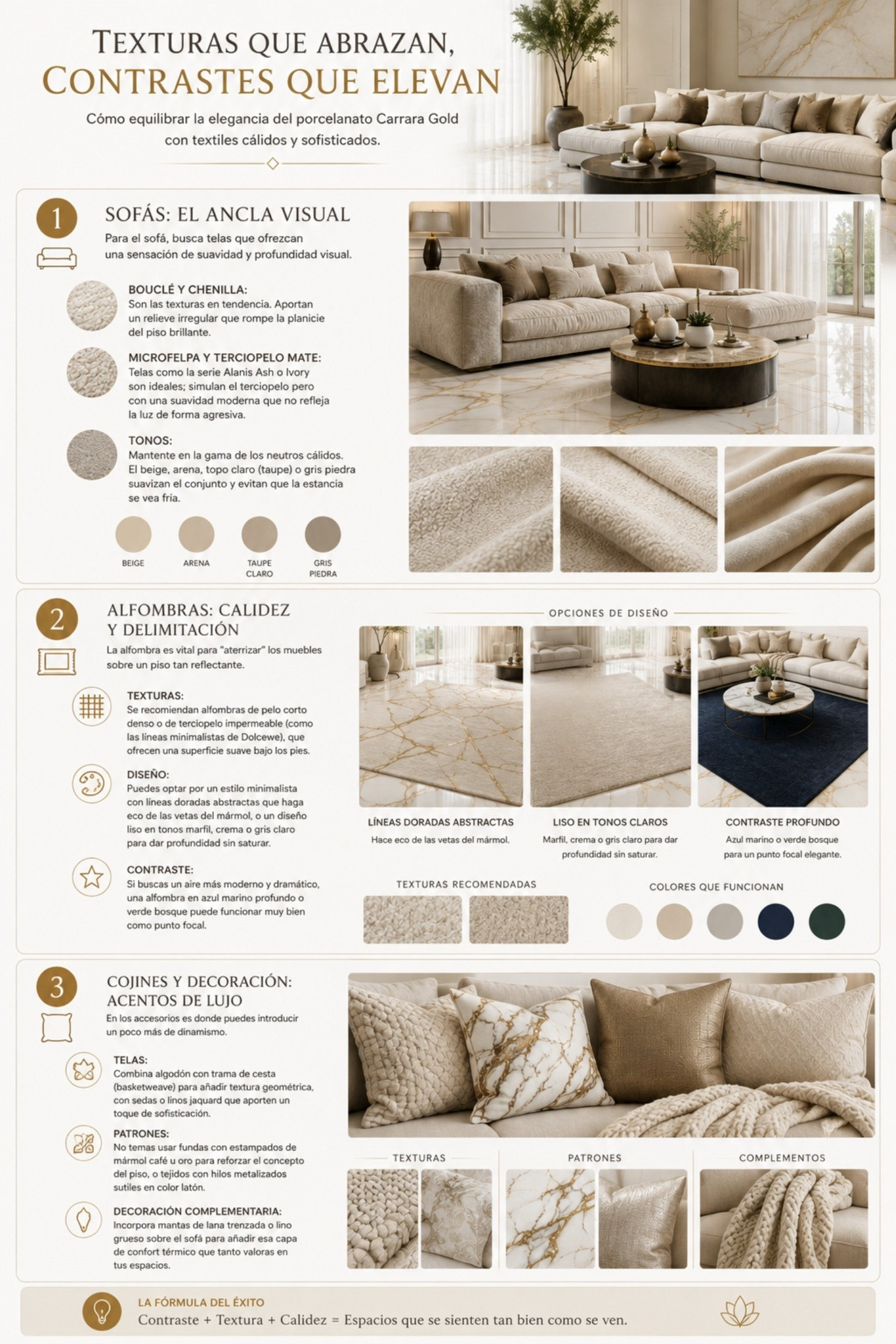 Estos son los mejores textiles para cobijar tu proyecto con porcelanato brillante Carrara Gold