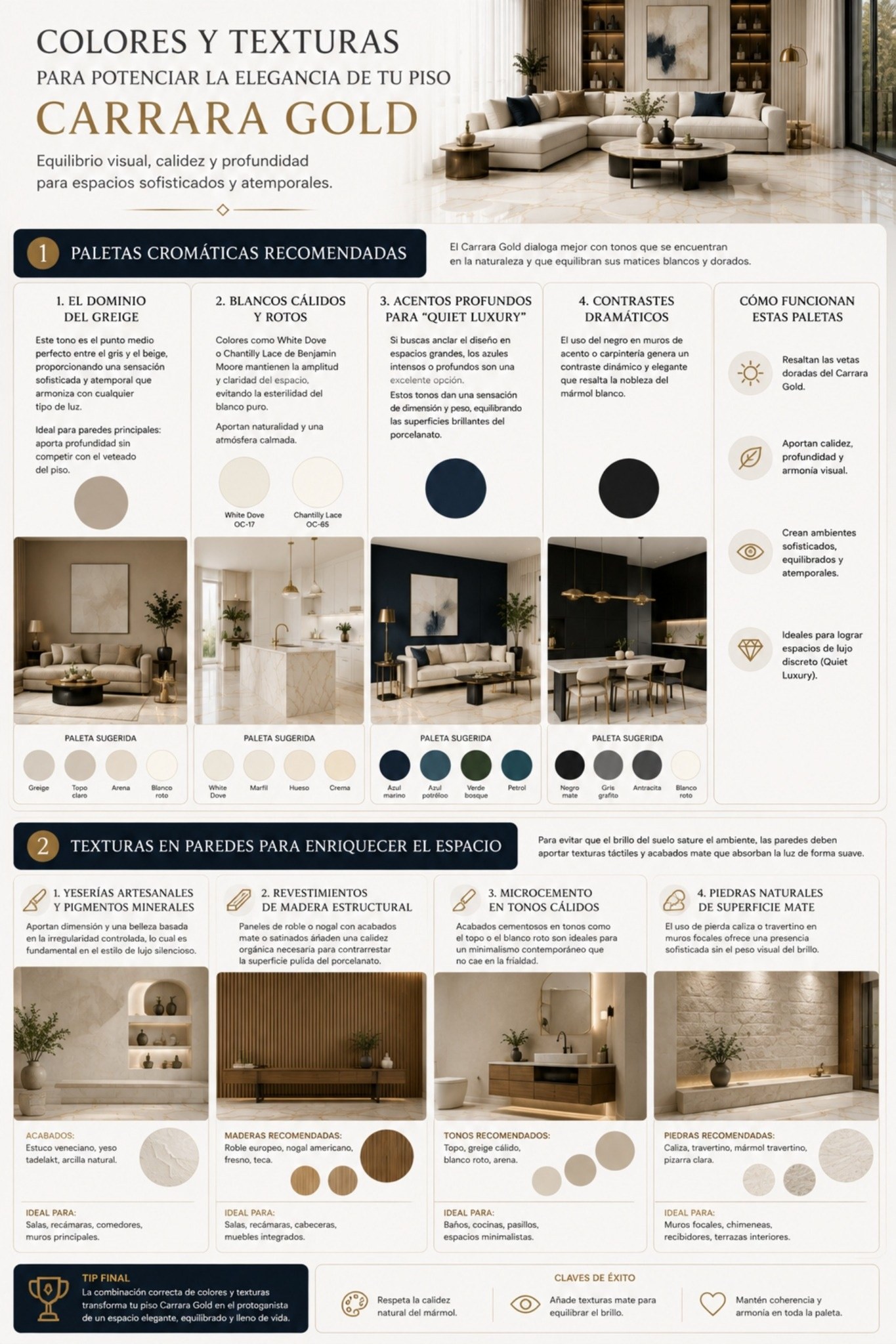 Descubre qué paletas cromáticas y texturas para paredes acentúan el espíritu del porcelanato pulido Carrara Gold en formato 60x120