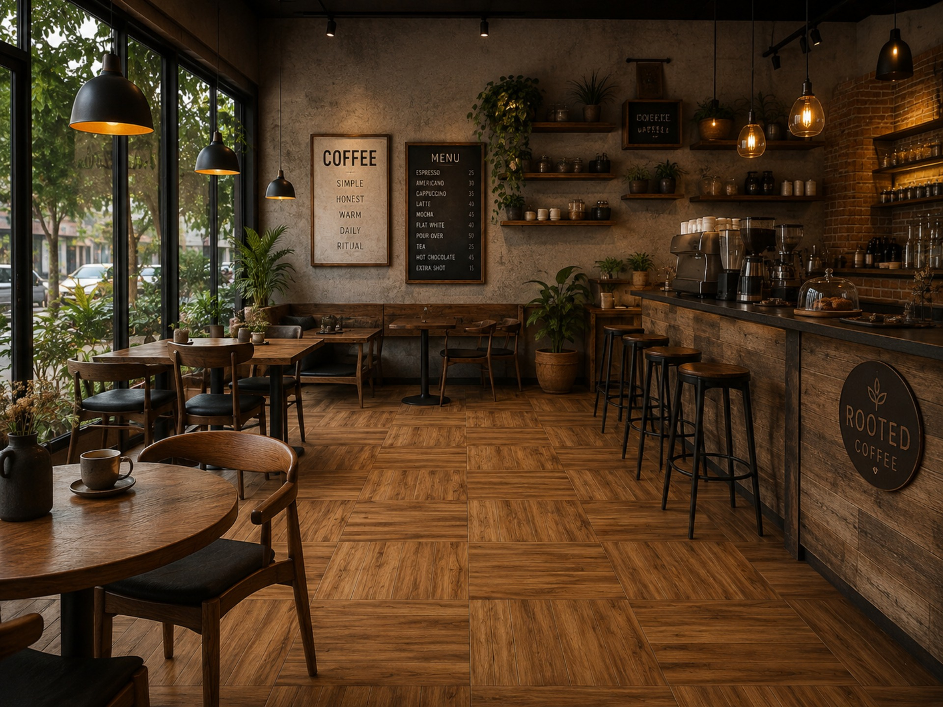 La base marrón dulce con subtonos ámbar del LVT 3 mm Apple potencian los olores y sabores de cada producto en la cafetería