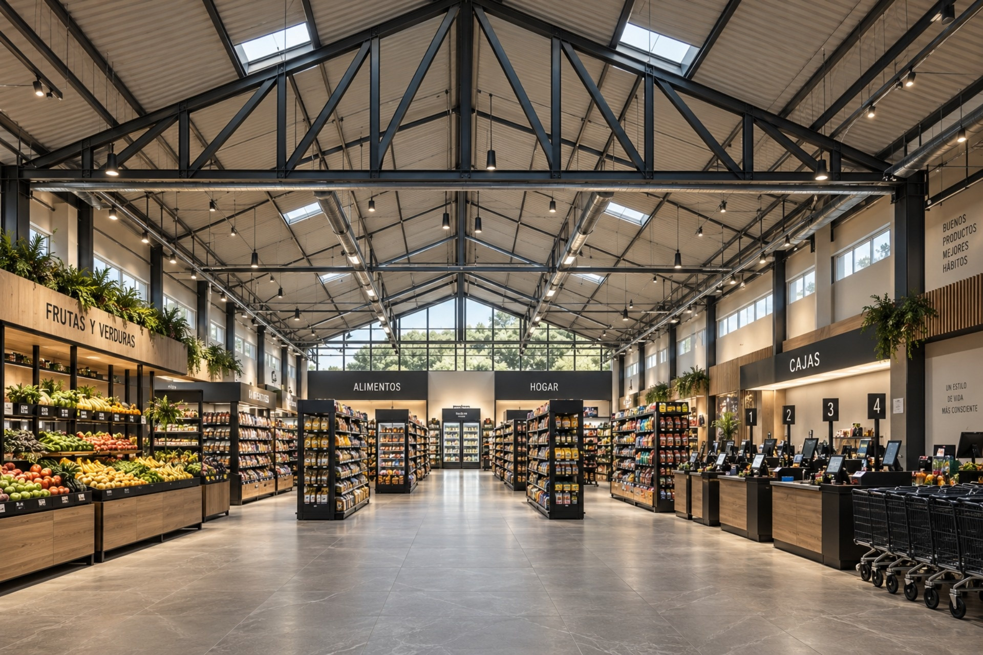 La armadura estructural tipo Pratt triangular es idónea para proyectos que necesitan aprovechar cada centímetro cuadrado del área de construcción como los supermercados