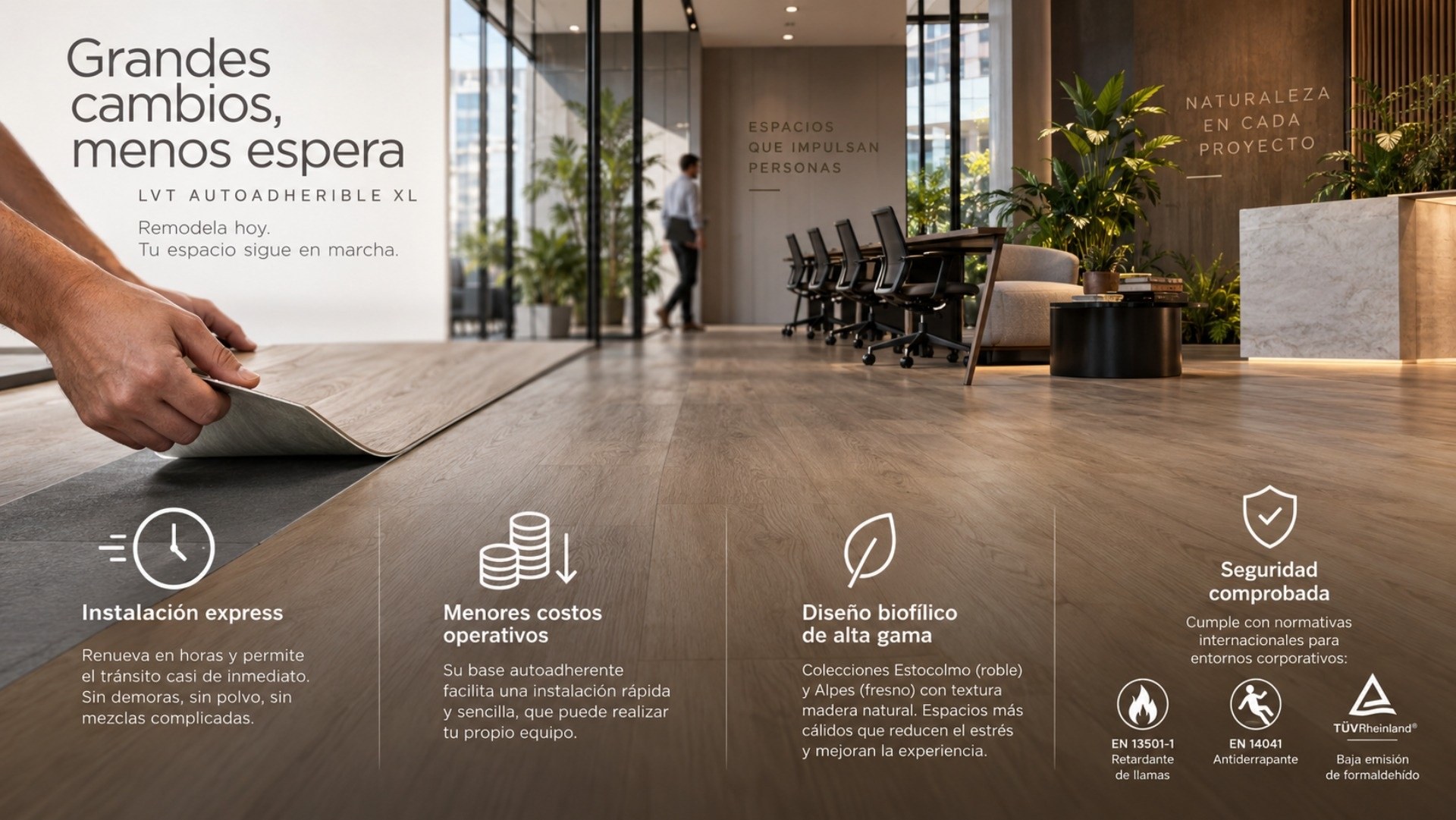 El piso vinílico autoadherente XL es un material de instalación express que ofrece un excelente rendimiento en tu oficina o lugar de trabajo