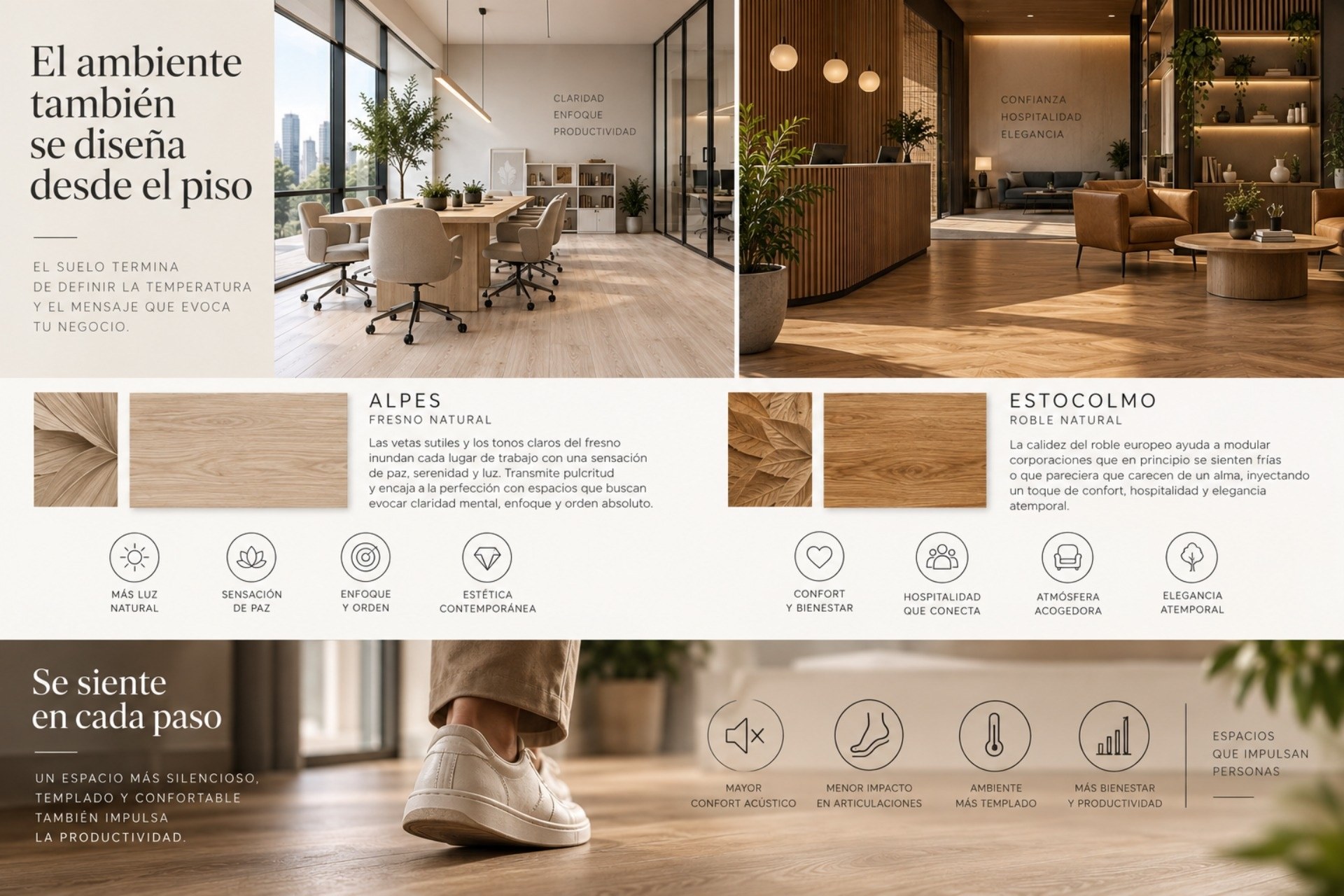 La ergonomía de nuestro piso vinílico autoadhesivo XL ayuda a crear entornos corporativos más confortables y serenos