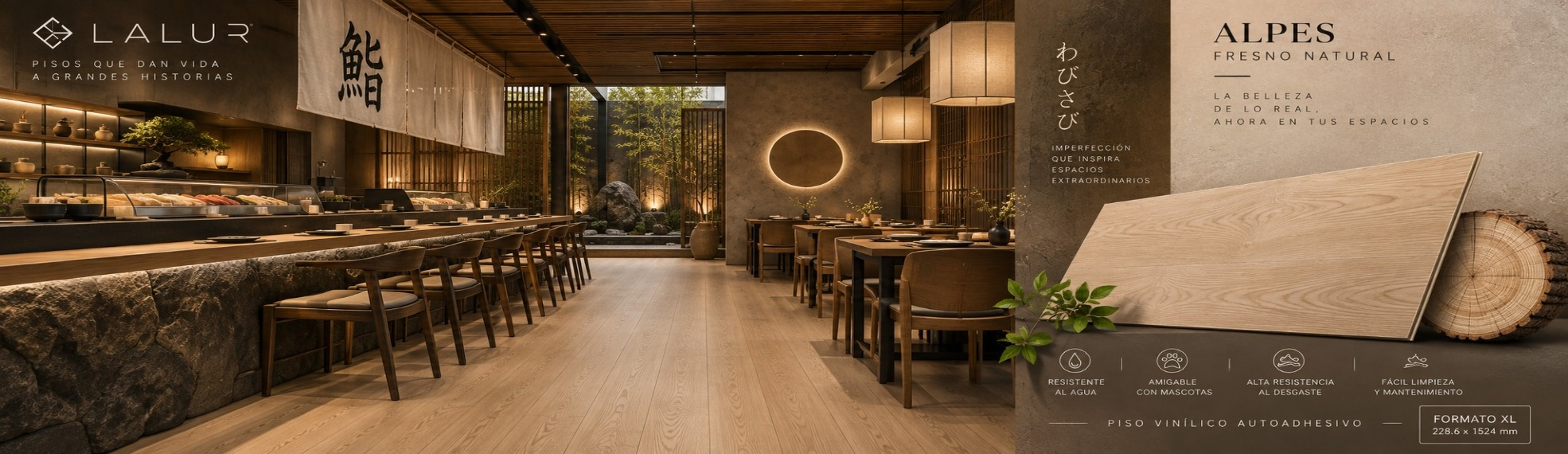 Remodelación express de restaurante de sushi estilo wabi-sabi con piso vinílico autoadhesivo XL Alpes