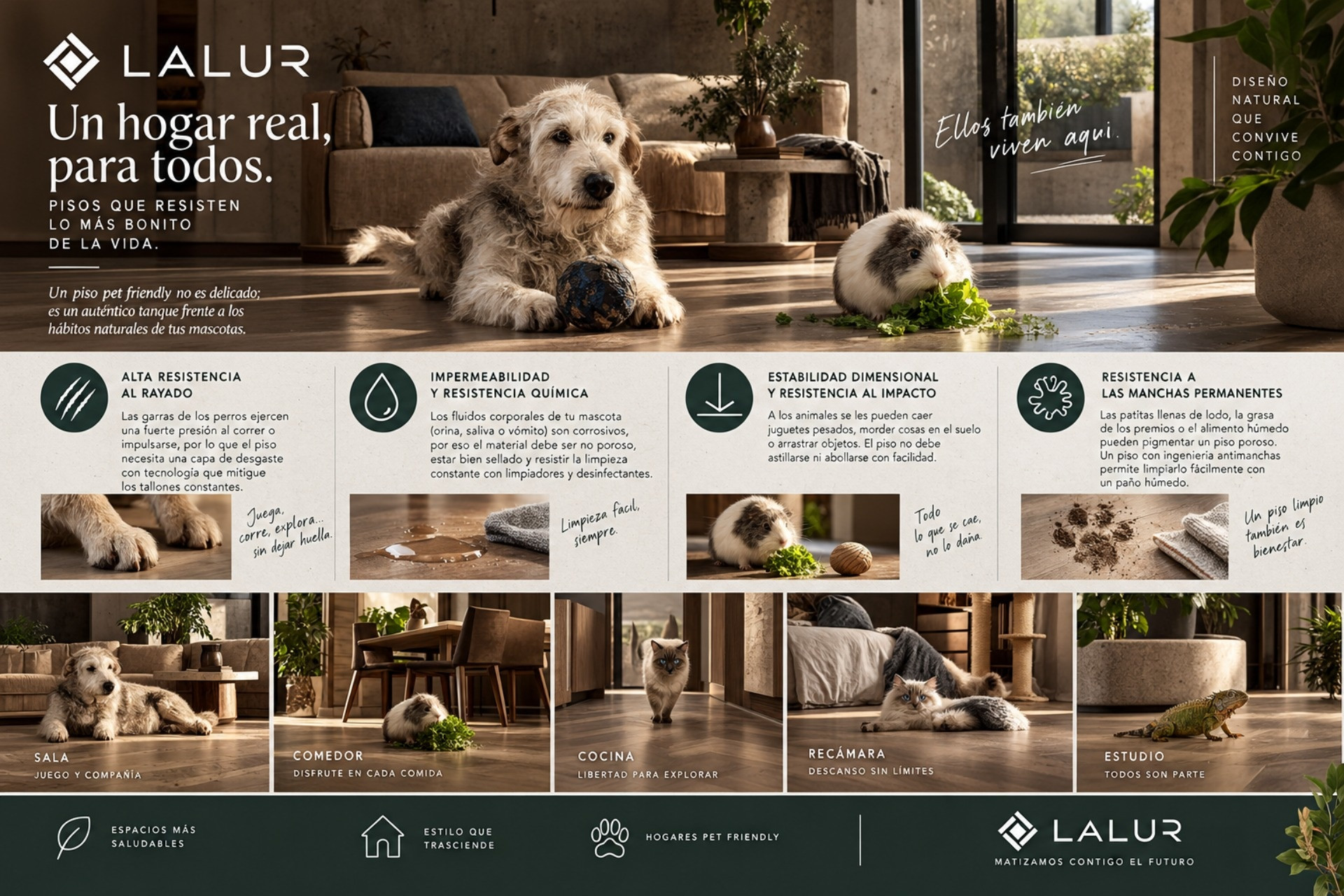 El piso vinílico LVT LALUR es un material pensado para soportar el estilo de vida de tus mascotas