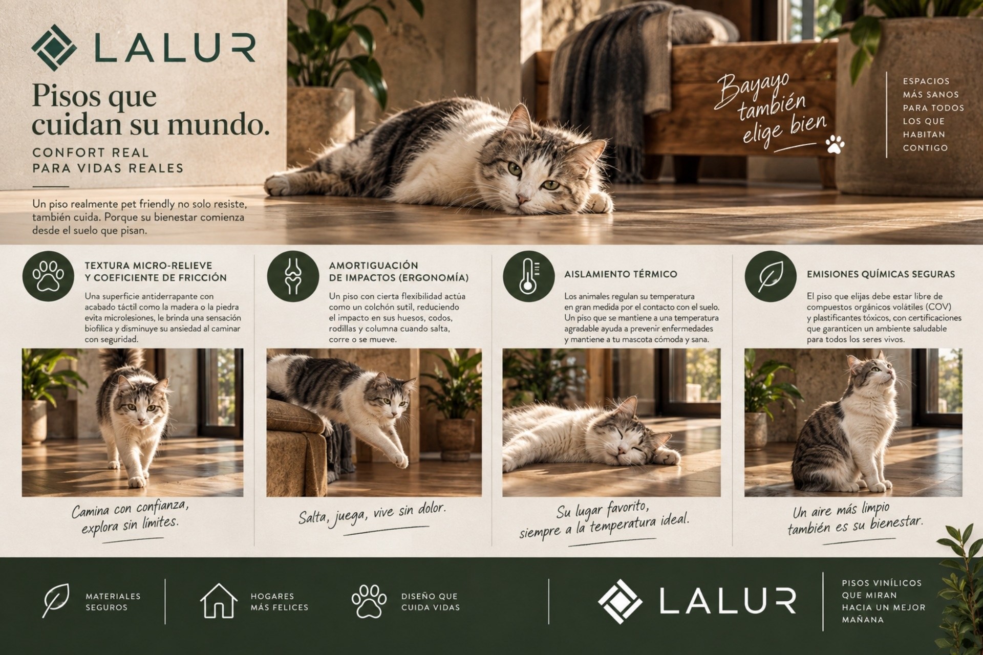El LVT LALUR es un piso vinílico que cuenta con certificaciones que lo avalan como una opción segura para el bienestar de tu mascota