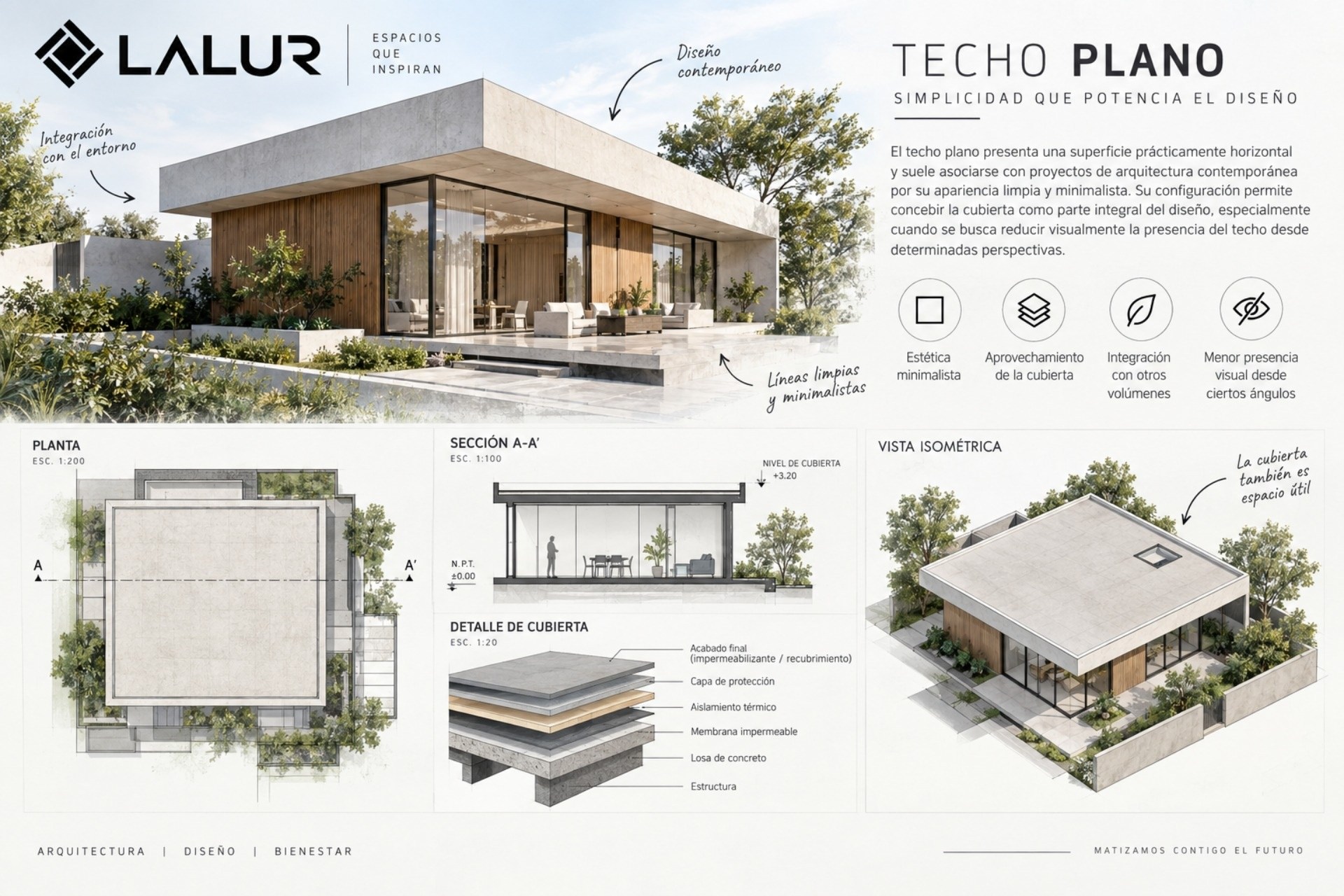 El techo plano es la pieza maestra del minimalismo, reduce la saturación visual, haciendo que la construcción luzca más pulcra