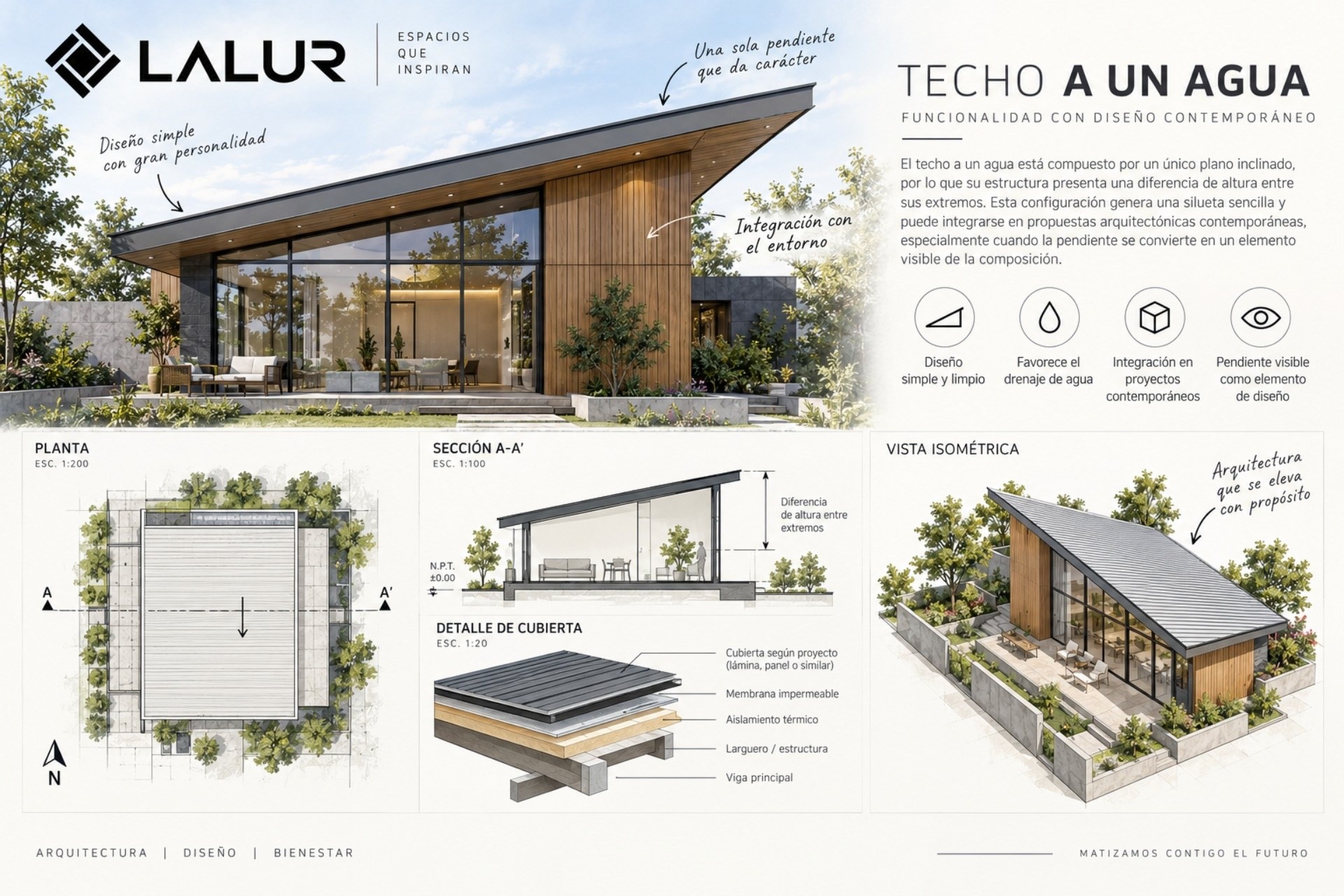 El techo a un agua no solo es elegante dentro de los diseños minimalistas, también añade más funcionalidad en cuanto al drenaje de aguas pluviales