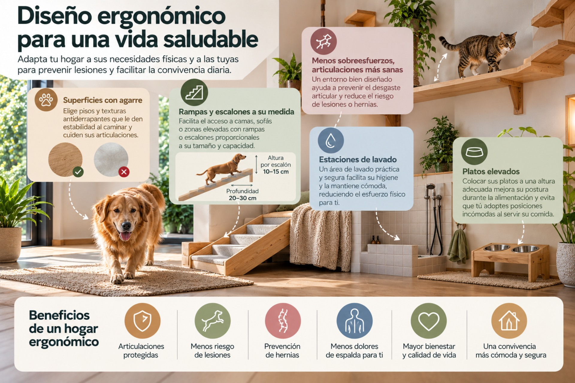 Una remodelación que contemple aditamentos ergonómicos para nuestros animales de compañía contribuye a mantener su salud e integridad física