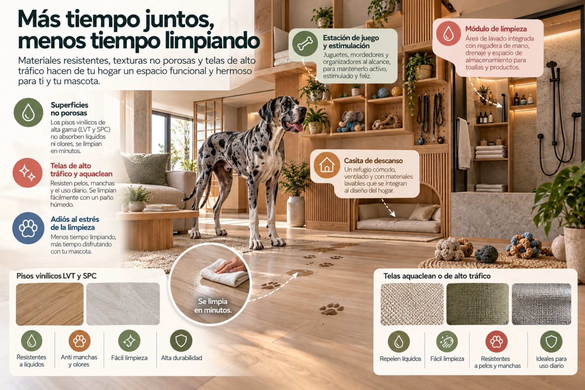 Para mantener la higiene en un hogar con mascotas, basta con recubrir las superficies con piso y telas resistentes al trote de tu mejor amigo