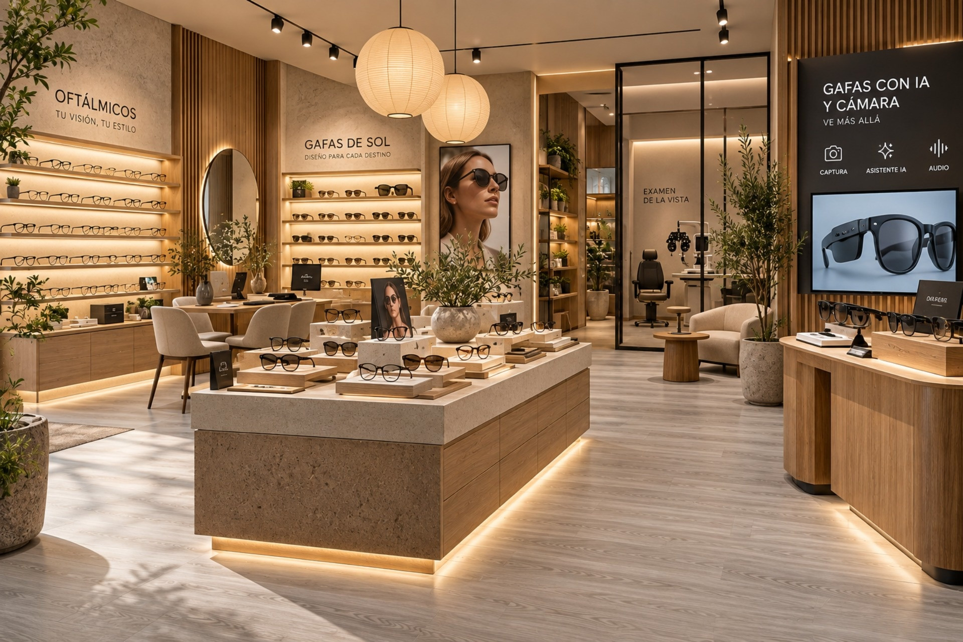 La luminosidad del LVT 3 mm Caribe contribuye a crear una atmósfera de lujo silencioso en una tienda de anteojos de estilo Japandi