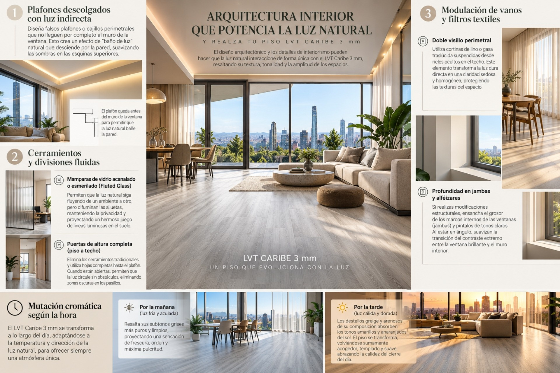 El LVT 3 mm Caribe acompaña la distribución de la luz natural y aporta delicadeza visual y sofisticación al espacio