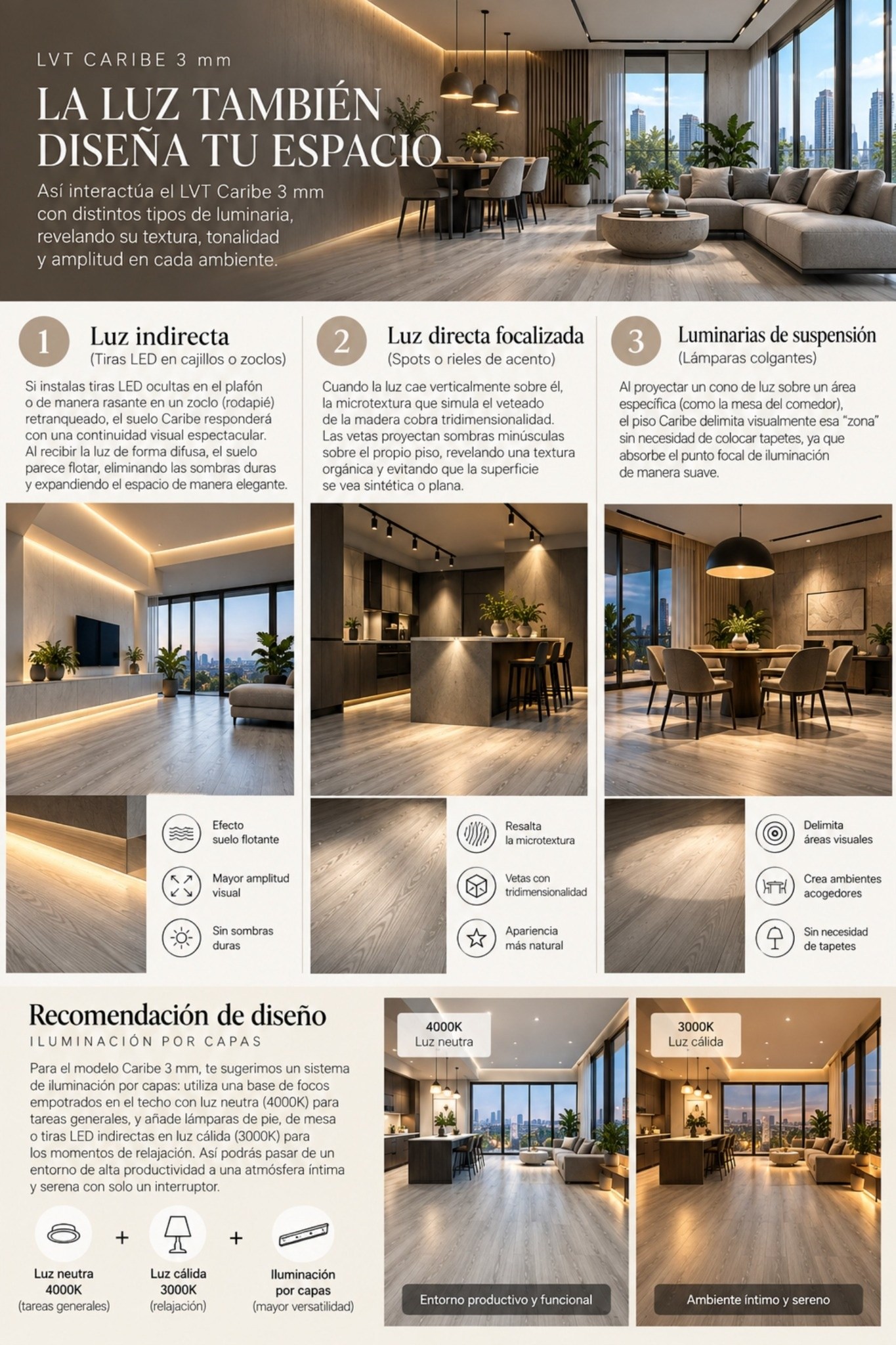 El LVT 3 mm Caribe combina visualmente con sistemas de iluminación cálida que realzan la sensación acogedora de sus tonalidades cenizas y greige