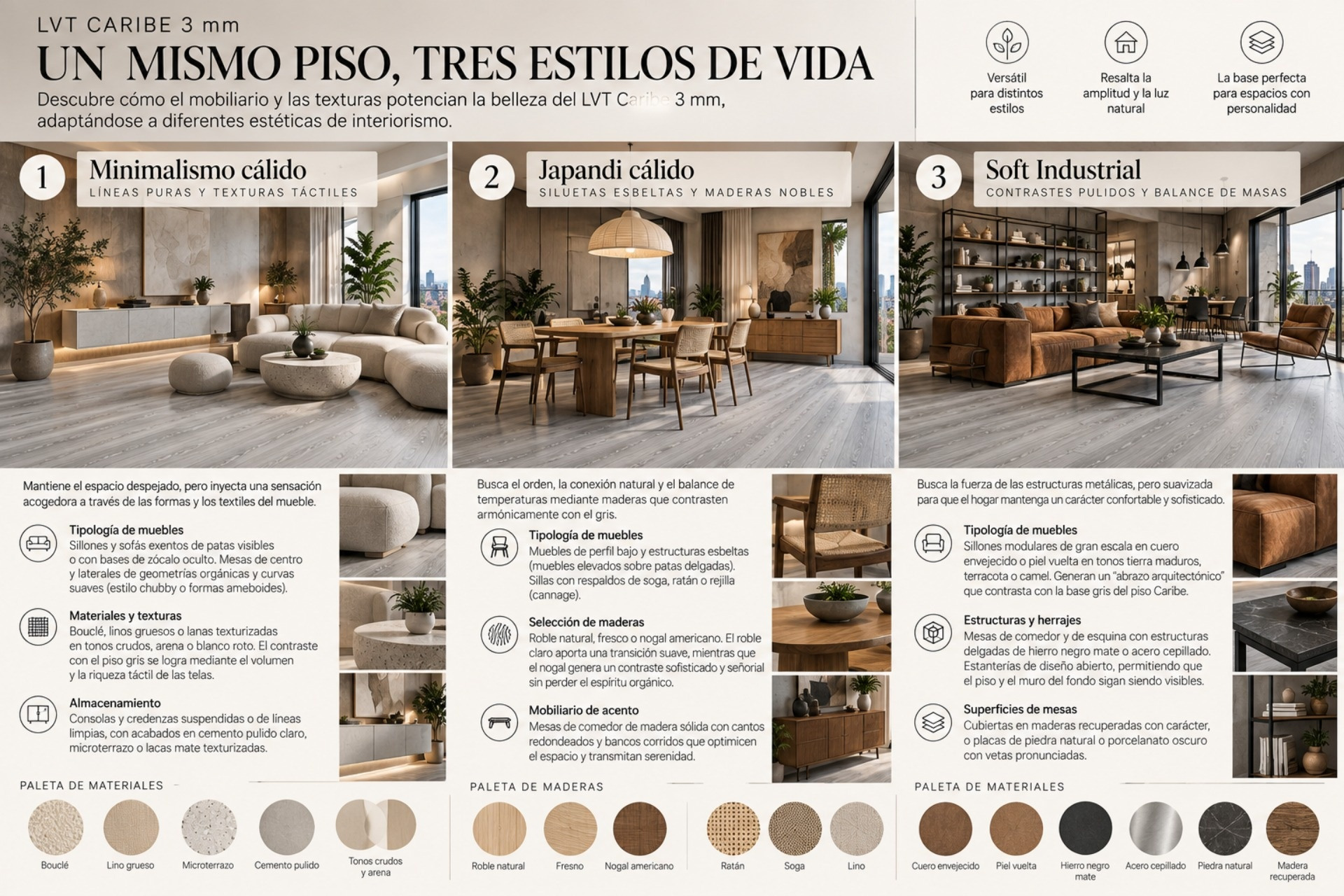Estos son los tipos de muebles con los que combina el LVT Caribe de tonalidad gris clara y apariencia de madera
