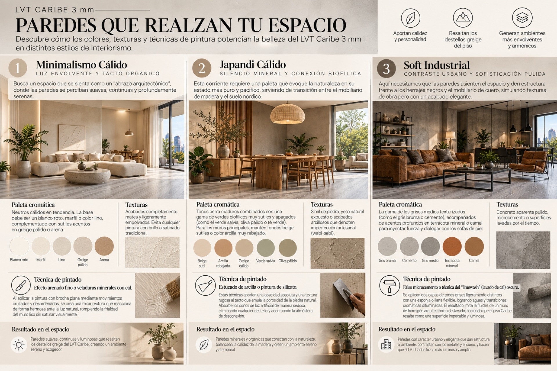 Descubre cómo realzar la elegancia del piso LVT 3 mm Caribe mediante paletas cromáticas y texturas para paredes