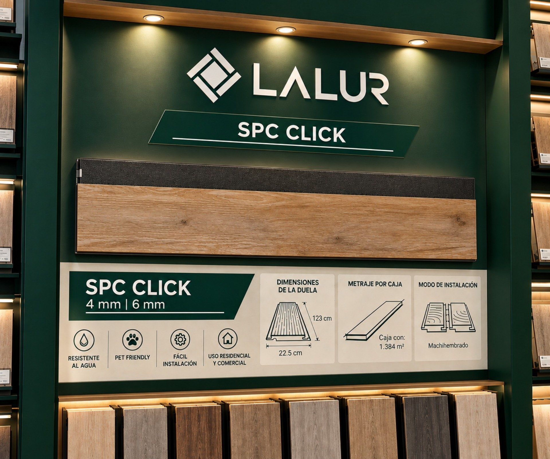 Descubre los acabados de piso SPC Click tipo madera en el showroom virtual de LALUR