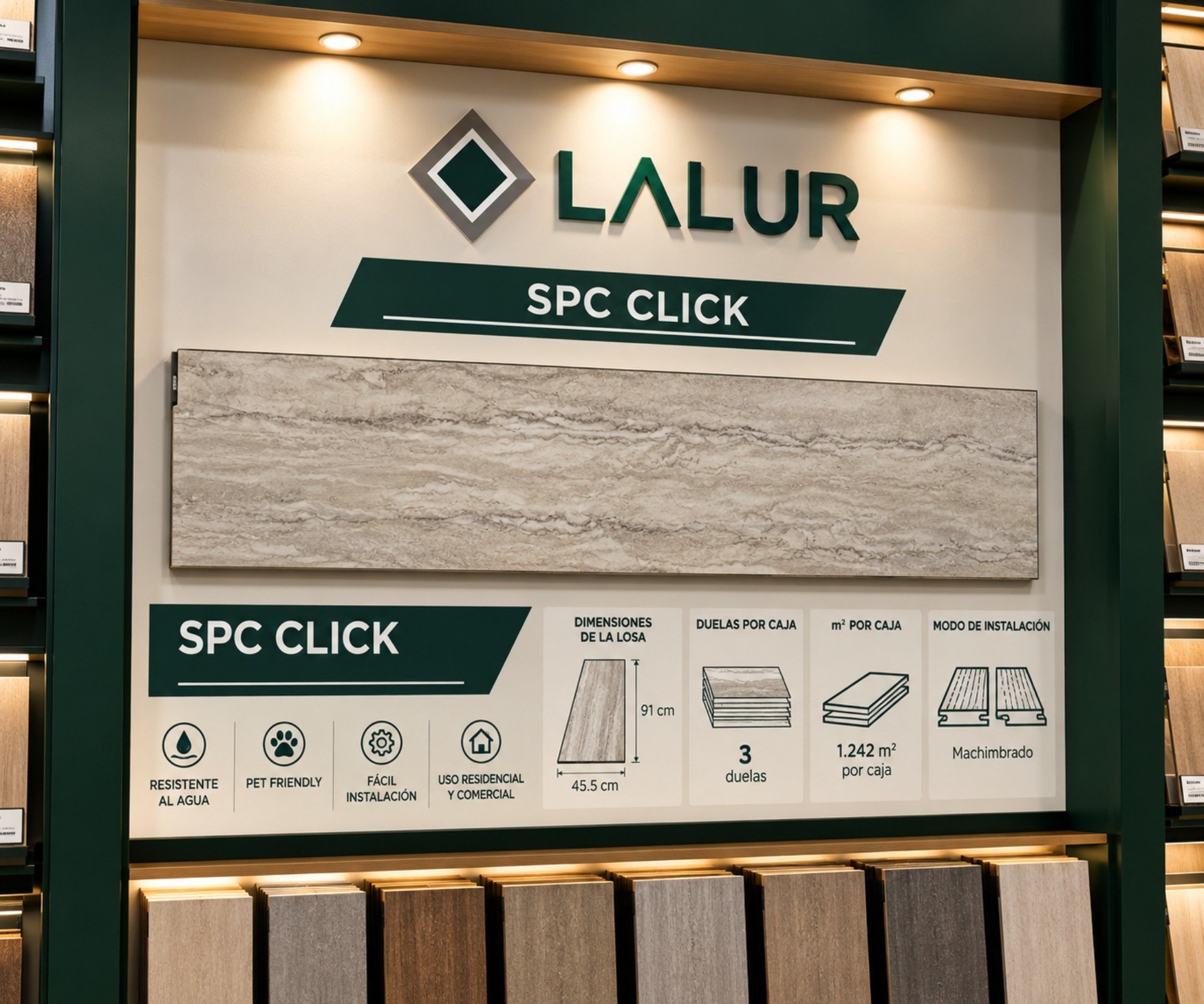 Explora los acabados de piso SPC vinílico tipo mármol Travertino en el showroom virtual de LALUR