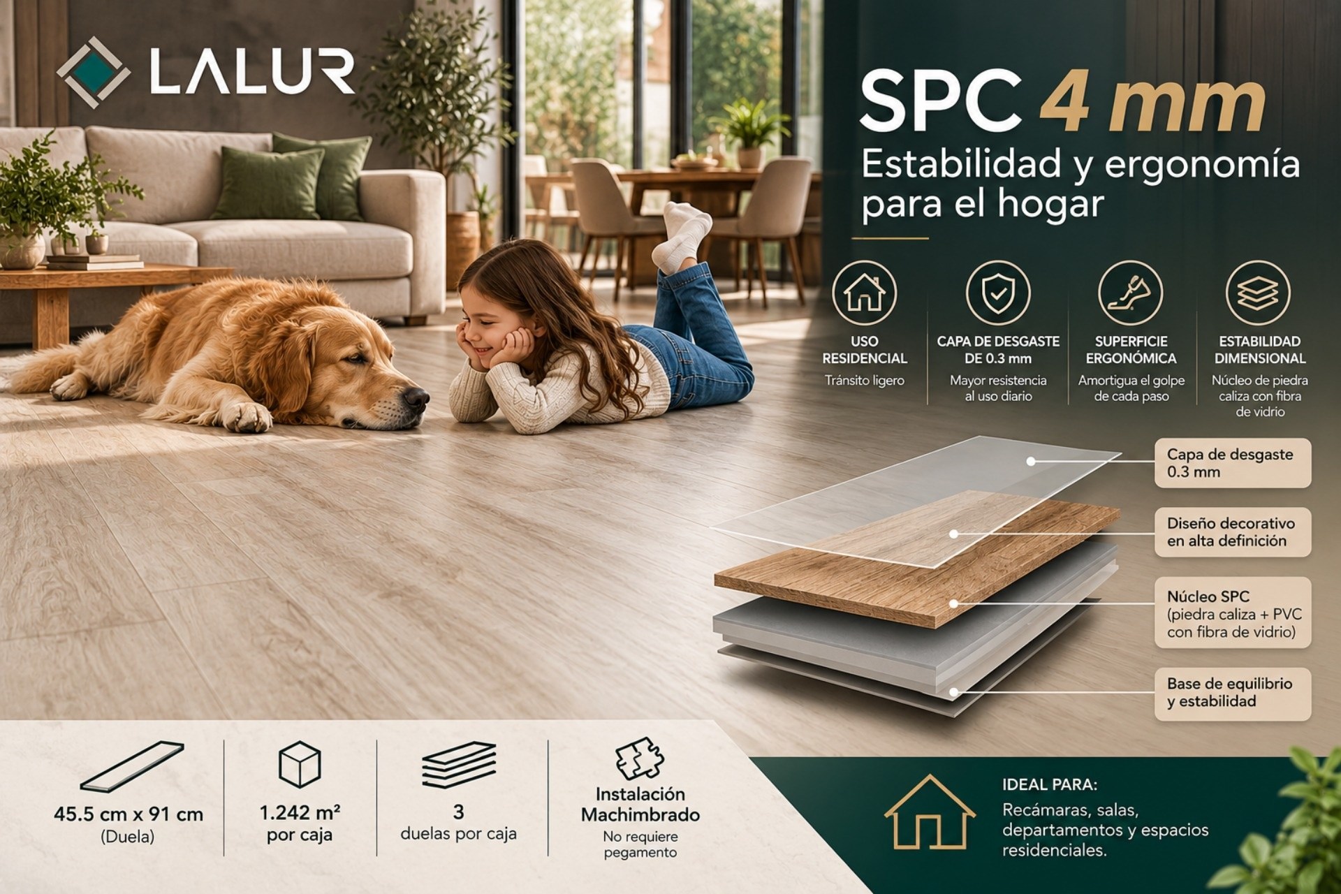 Conoce la colección de pisos SPC de 4 mm de LALUR para proyectos residenciales de tránsito ligero