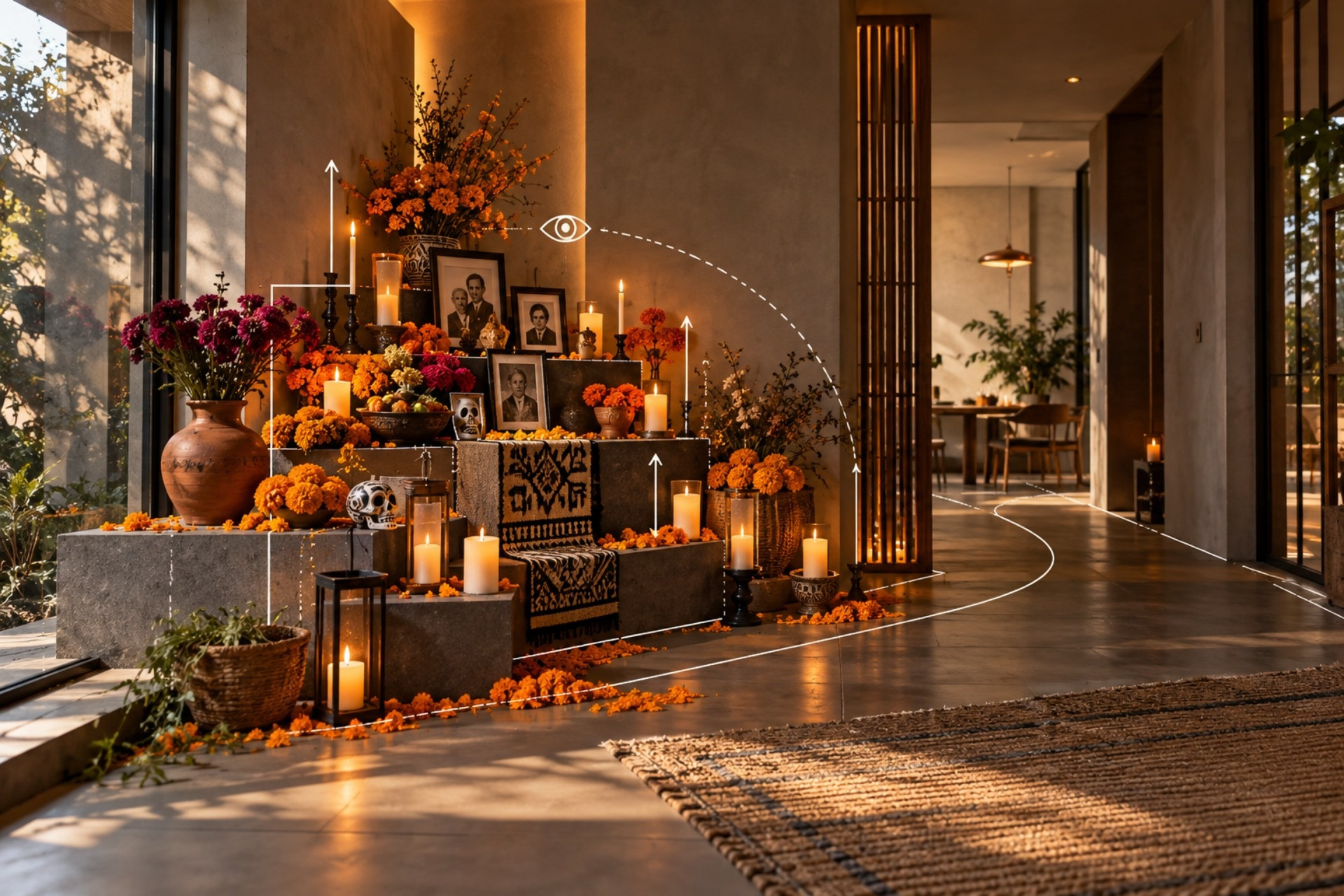La perspectiva, las proporciones y las siluetas de los materiales crean un diálogo visual entre la arquitectura y el altar de Día de Muertos