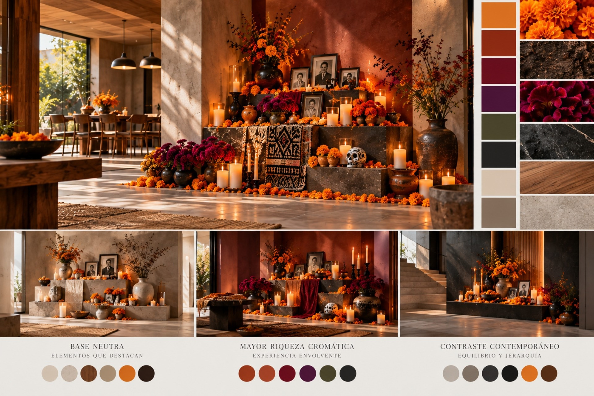 Los colores vivos de la ofrenda dialogan en armonía con los tonos sobrios del espacio y crean una composición contemporánea