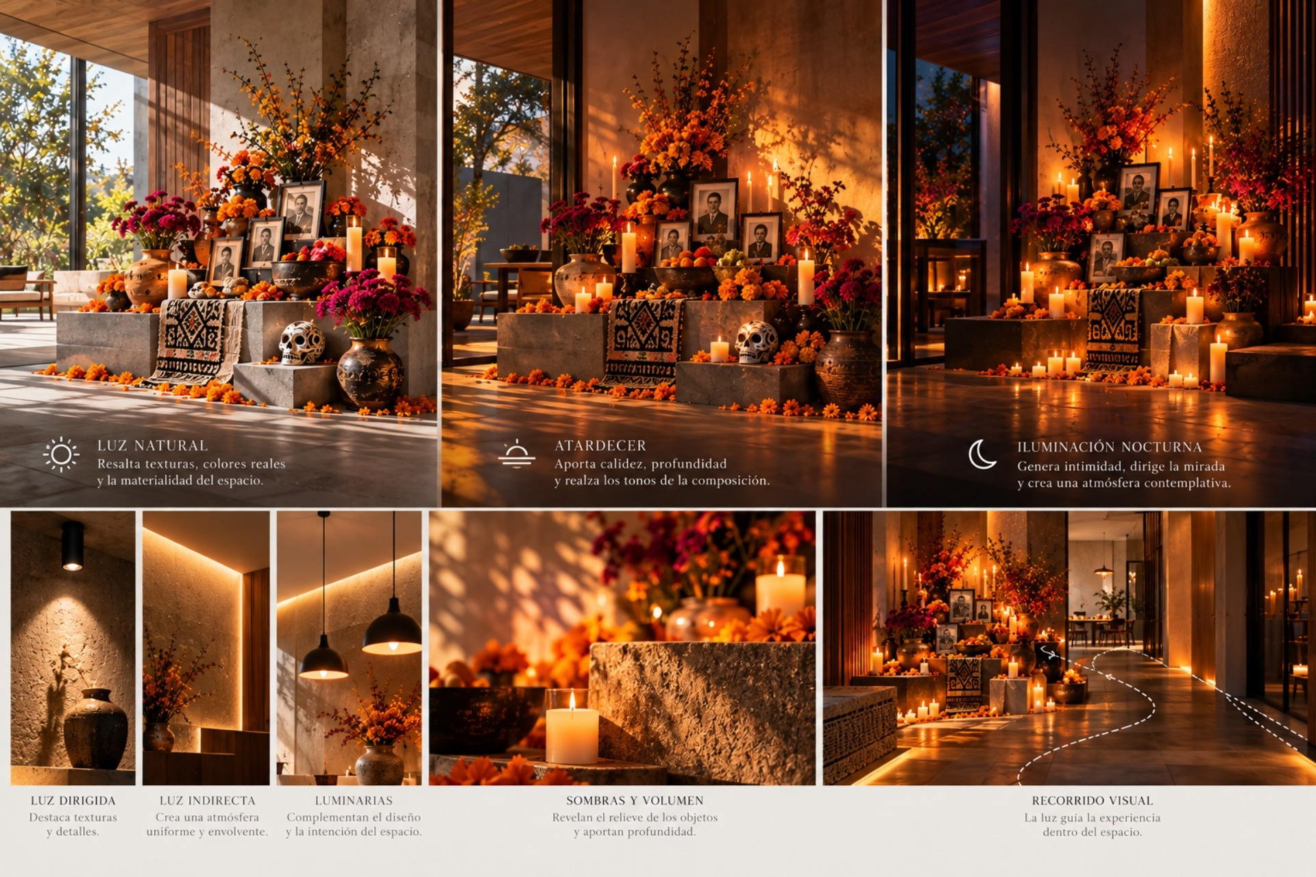 La iluminación del altar de Día de Muertos dialoga con la luz del espacio y destaca las texturas, los volúmenes y los detalles de la composición