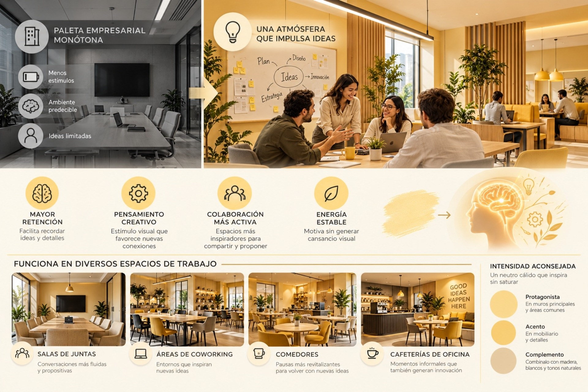 Cuando integras el color amarillo mantequilla en espacios corporativos no solo rompes con la típica monotonía de la vida empresaria, sino que estimulas la producción de ideas innovadoras destinadas a cambiar el rumbo de tu negocio