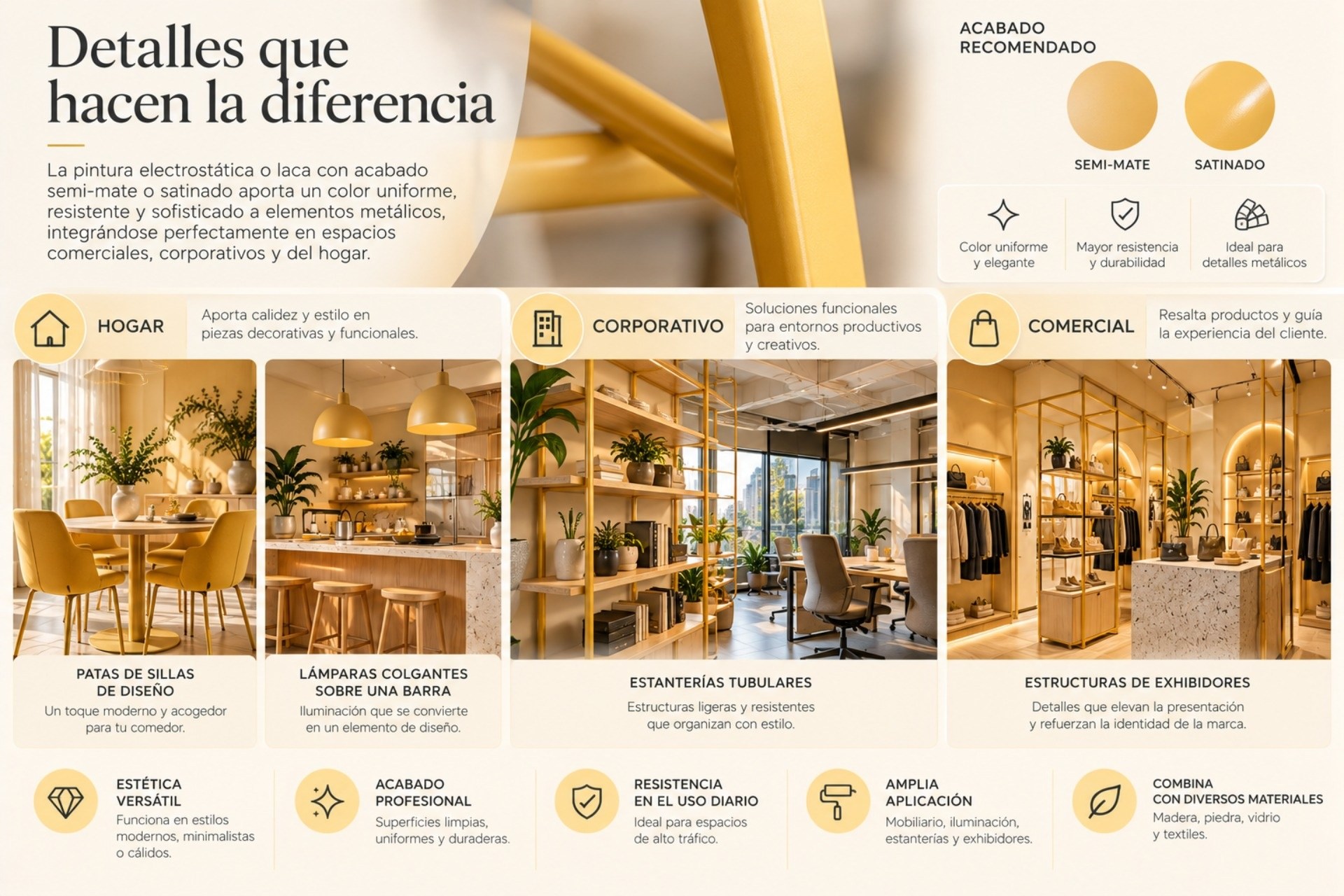 Cuando incluyes metales pintados en amarillo mantequilla le brindas al espacio un acento moderno, lúdico, sin dejar atrás la sofisticación