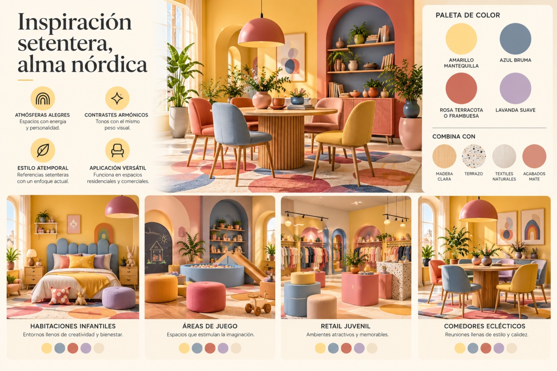 Si buscas que tu espacio luzca siempre joven, un Peter Pan que no pierde lucidez, usa tonos azul bruma, rosa terracota y lavanda suave en compañía de amarillo mantequilla