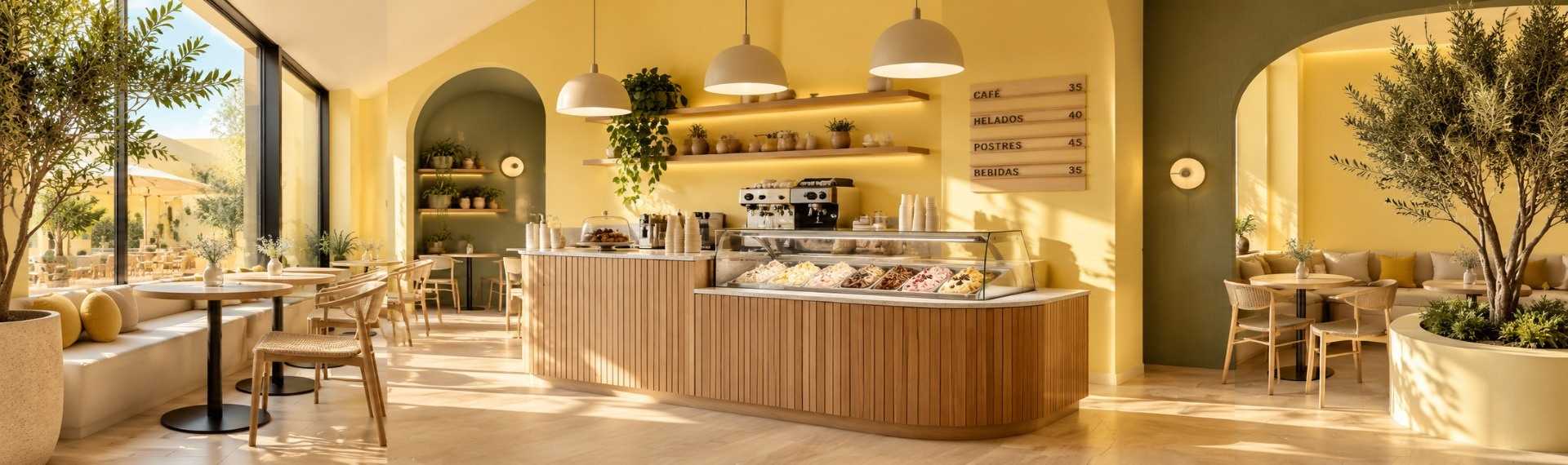 Cafetería estilo nórdico con paredes principales color amarillo mantequilla