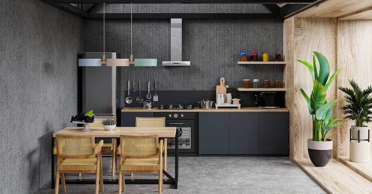 cocina decorada con elementos de estilo industrial como el piso tipo cemento
