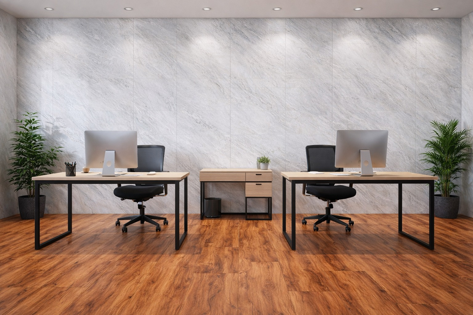 Revestimiento de porcelanato gris perla instalado en una oficina