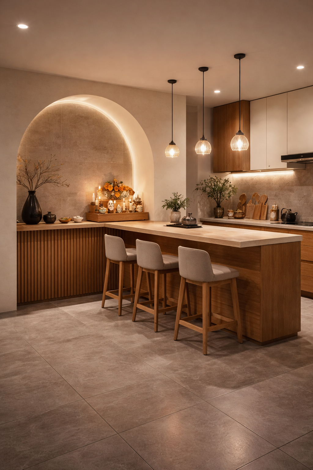 Piso de porcelanato gris instalado en una cocina estilo japandi