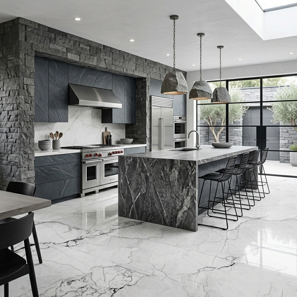 Mesón de porcelanato gris en una cocina estilo moderno