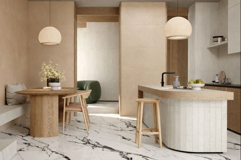 Cocina estilo Japandi con piso de porcelanato blanco con vetas negras